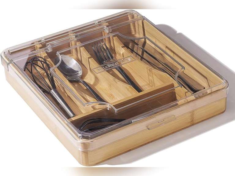 Kitchen Drawer Organizer, 13 Inch Silverware Utensil Tray Holder,with Removable Lid, 5 Slots Total Bamboo Wood Caddy for Flatware Cutlery Knives, Forks, Spoons. 24