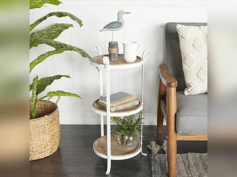 Deco 79 Metal Round Accent Table with Brown Wood Tabletops, 14" x 14" x 28", White 437