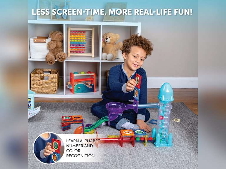 Play Brainy Magnetic Marble Run for Kids Ages 3 & Up - 72-Piece Magnetic Tiles with Rocket Elevator, Space-Themed Magnet Toys for Boys & Girls - STEM Educational Toys Set with Stickers & Storage Case 40