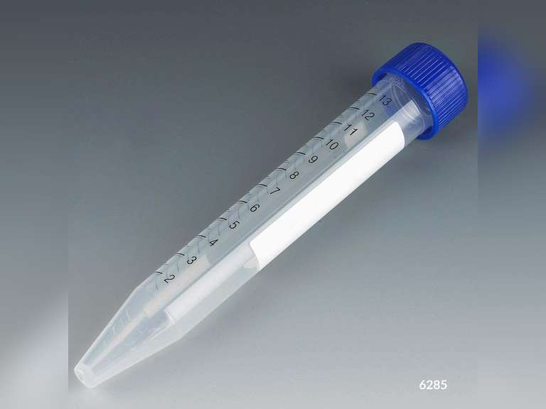Globe Scientific 6285 Polypropylene Centrifuge Tube with Attached Blue Flat Top Screw Cap, Sterile, Printed Graduation, Bag Pack, 15mL Capacity (Case of 500) 134