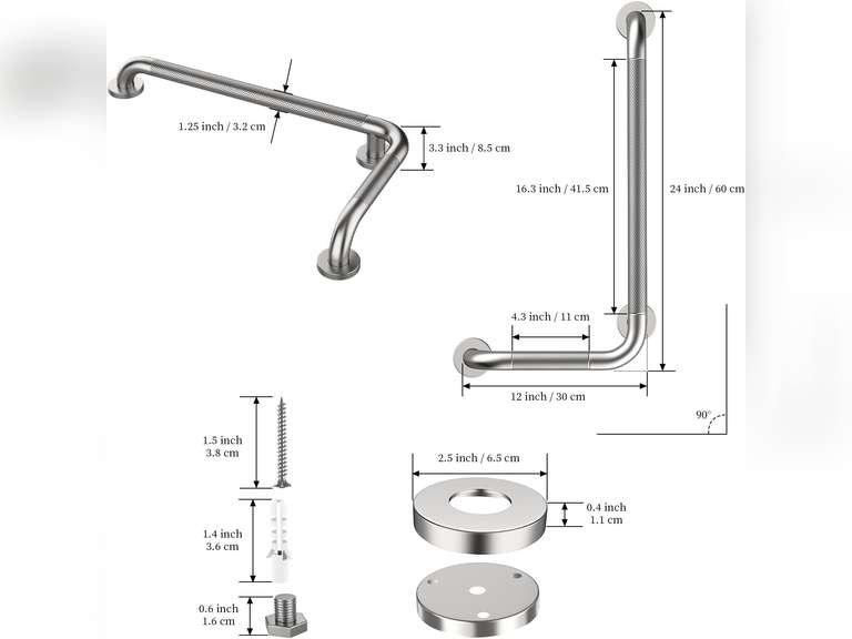 Angled Grab Bar 12x24 Inch, YuanDe Brushed Nickel L-Shaped Shower Grab Bar w/Anti-Slip Knurled Grip, Stainless Steel Bath Balance Bar,Wall Mounted Safety Hand Rail Support for Handicap Elderly(4 Pack) 76
