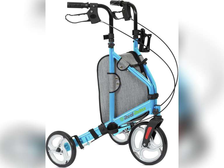 Real Relax 3 Wheel Rollator Walker with 10" Wheels, Narrow Walkers for Small Spaces, Compact Folding with Storage Bag, Cup Holder for Seniors, Light Blue 120