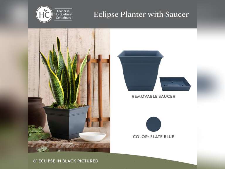 The HC Companies Eclipse Square Plastic Planter w/Attached Saucer - Outdoor & Indoor Plant Pot with Drainage Holes - Lightweight, UV-Resistant Plastic Pots for Plants (12" Slate Blue, Pack of 2) 33