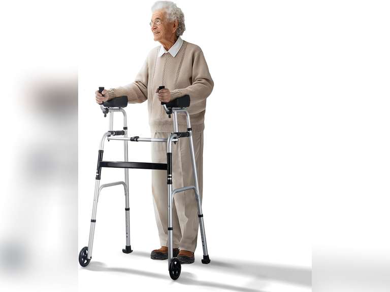 VEVOR 2 in 1 Folding Walker & Removable Armrests, Height Adjustable Foldable Walker with 5" Solid Wheels, Lightweight Aluminum | Front Wheeled Mobility Aid for Elderly Handicapped Disabled, 450 Pounds 80