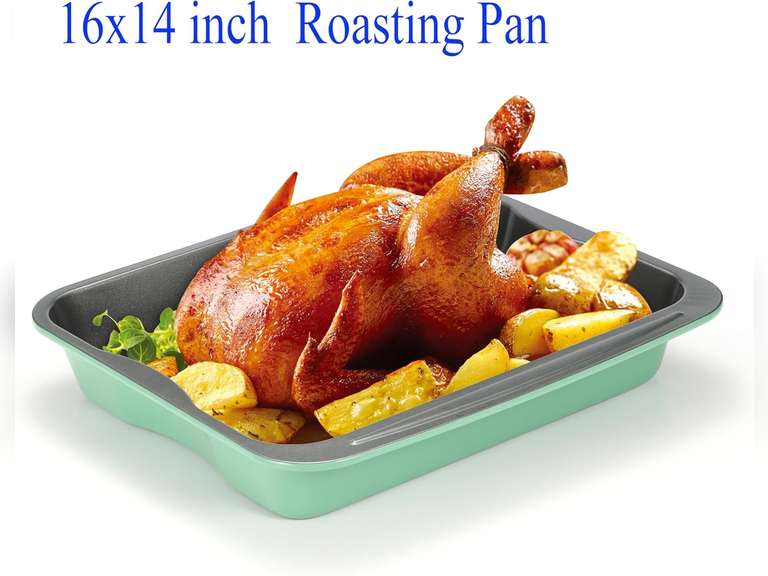 Monfish Turkey Roasting Pan for oven, Green large Lasagna Pan Rectangle Cake Pan 16 x 14 inches Carbon Steel Wavy bottom 21