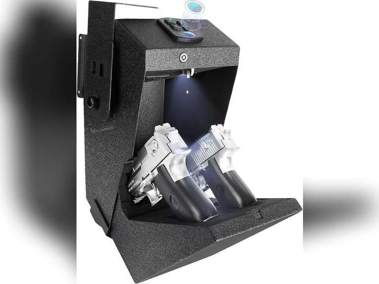 2 guns capacity GUN Safe Biometric Pistol Safe Drop Down Handgun Safe Wall Mounted Double Gun Safe for Handgun with Fingerprint Passcode Key 3 Ways Quick Access Car Gun Safe for Desk,Nightstand 113