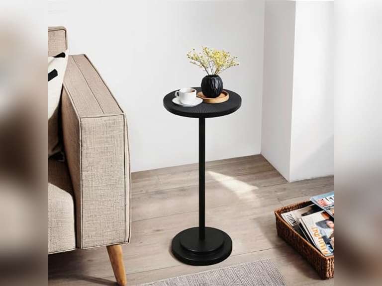Drink Table, Carved Table Top Martini Table, Small Side Table, Weighted Base Pedestal Table for Living Room, Bedroom, Modern, Black, 1-Pack 44