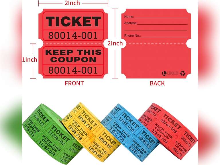 L LIKED 4000 Pairs Double Raffle Tickets - 4 Assorted Colors (Blue, Yellow, Red, Green), 1000 Tickets per Roll for Events, Fundraisers & Parties 26