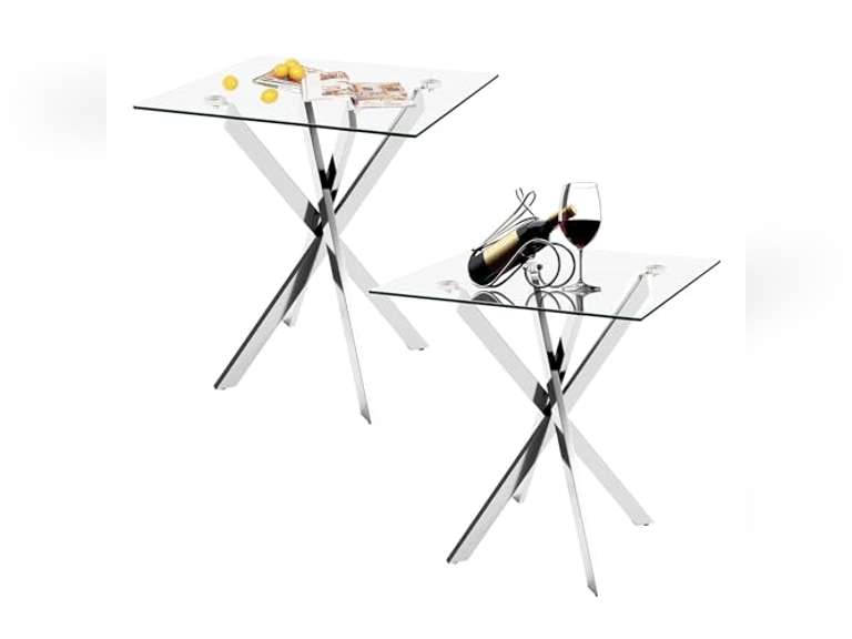 Side Table Set of 2, Modern End Table Set with Tempered Glass Top and Metal Legs for Home Office (Silver) 120