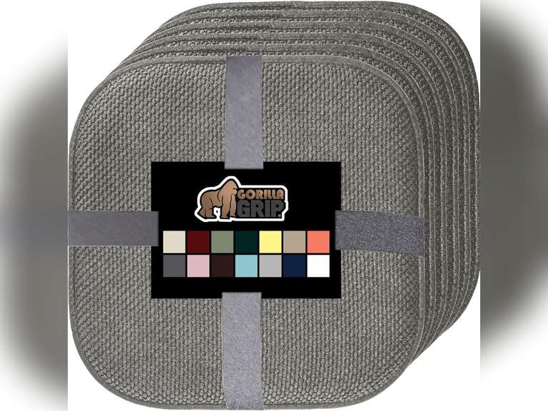 GORILLA GRIP Slip Resistant Chair Cushions, No Ties Required, Set of 6 Memory Foam Pads for Dining Room, Kitchen Table, Office, Rocking Chairs, Plush Seat Cover Cushion Pad, Home Decor, 16x16, Gray 69