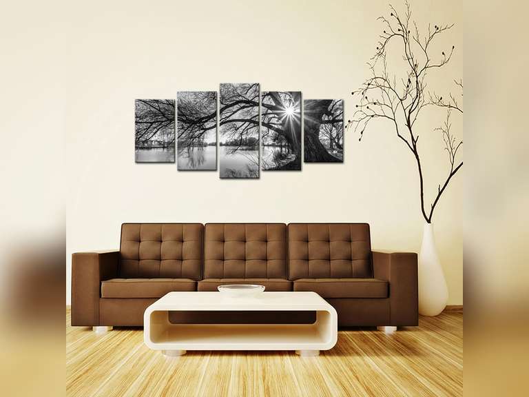 sechars - 5 Pieces Wall Art,Old Tree by Lake Picture Canvas Prints Sunrise Painting Black and White Landscape Canvas Art,Modern Wall Decoration,Framed and Ready to Hang 47