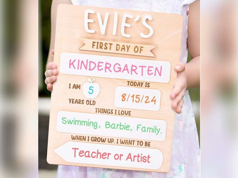 First & Last Day of School Board - Personalized Name First Day of School Sign Reusable - For 1st Day of Kindergarten, Preschool Wooden Chalkboard Back to School Gifts Photo Prop - 12 x 10 Inch 17