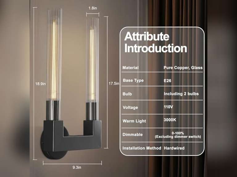 PIOUTNF Modern Black Wall Sconce,19inch Striped Glass Tube Sconces Wall Lighting,Hardwired Wall Sconces, 2-Light with Bathroom Vanity Light Fixture for Bedroom,Living Room,Dining Room 337