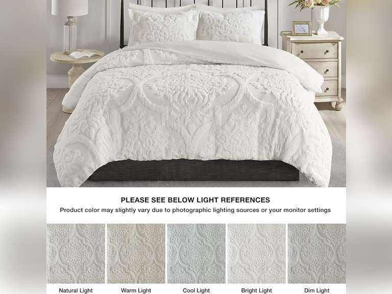 Madison Park All Season Bedding Set, Matching Shams, Cotton, Viola, Damask White, King/Cal King (104" x 92") 93