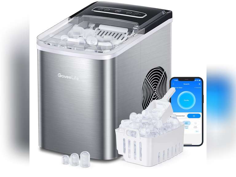 GoveeLife Smart Countertop Ice Makers, Portable Ice Maker Machine with Self-Cleaning, 6 Mins 9 Bullet Ice, 26lbs/24Hrs, Voice Remote for Home Kitchen Party Camping, with Ice Scoop Stainless Silver 160