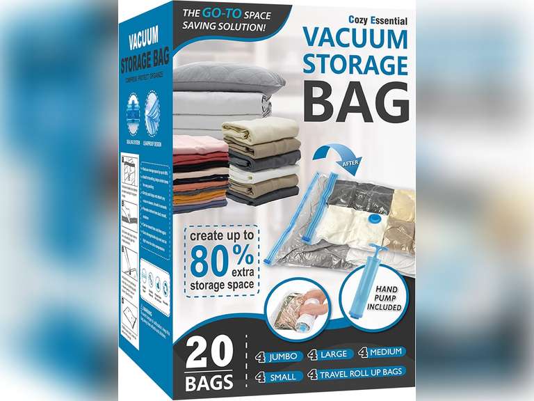 20 Pack Vacuum Storage Bags, Space Saver Bags (4 Jumbo/4 Large/4 Medium/4 Small/4 Roll) Compression for Comforters and Blankets, Sealer Clothes Storage, Hand Pump Included 25