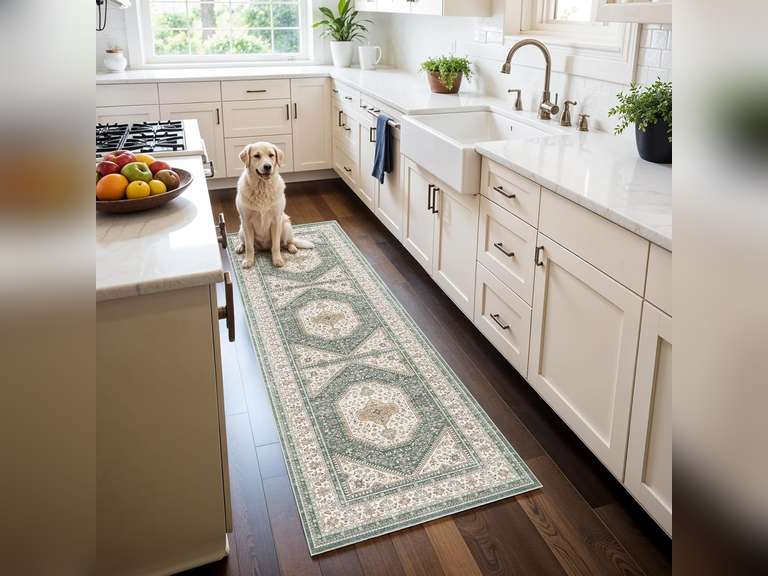 2x6 Runner Rug for Hallway Washable: Non Slip Kitchen Rugs with Rubber Backing Soft Waterproof Mats Stain Resistant Indoor Vintage Carpet Runner for Bedroom Bathroom Laundry Entryway Green/Beige 28