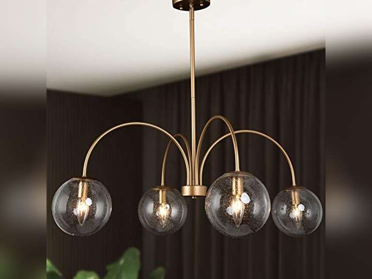 Chandeliers for Dining Rooms, 33 Modern Gold Chandelier, Large Globe Pendant Light Fixtures with Globe Seeded Glass Shade for Living Room, Bedroom & Kitchen, Dark Golden Finish 58