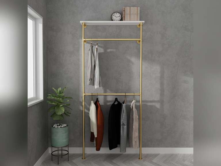 Industrial Pipe Clothing Rack - Sturdy Wall Mounted Heavy Duty Clothes Rack for Bedroom and Walk-in Closet - Gold 160