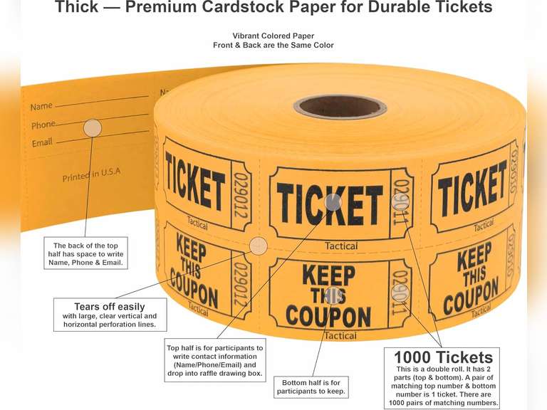 1000 Tacticai Raffle Tickets, Orange (1 of 8 Colors), Double Roll, Ticket for Events, Entry, Class Reward, Fundraiser & Prizes 9