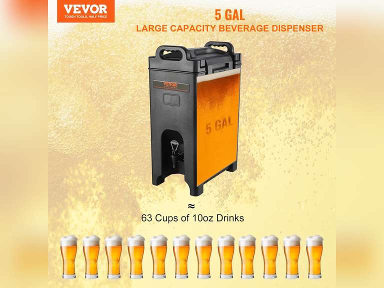 VEVOR Insulated Beverage Dispenser, 5 Gallon, Food-grade LDPE Hot and Cold Beverage Server, Thermal Drink Dispenser Cooler with 0.9 in PU Layer Two-Stage Faucet Handle, for Restaurant Drink Shop 239
