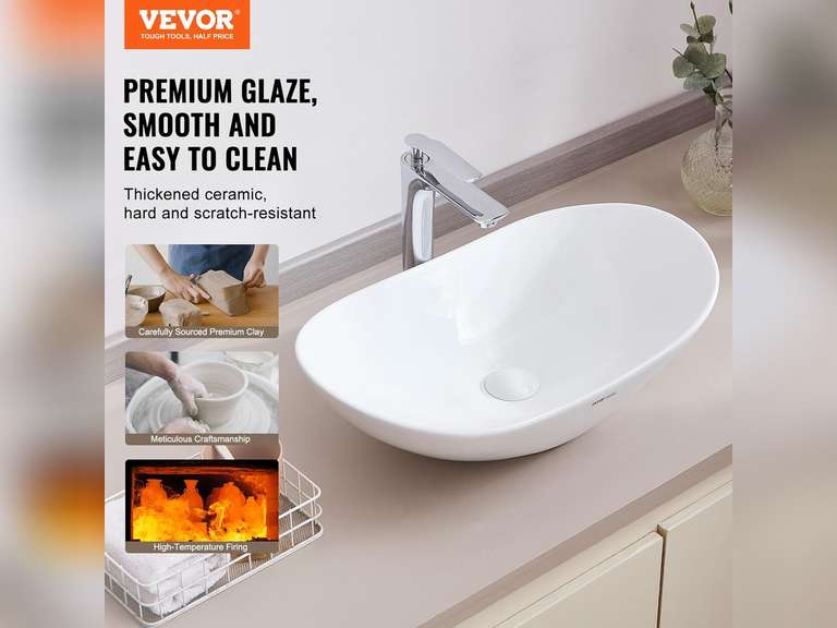 VEVOR Oval Vessel Sink, 23.3" x 14.2" Bathroom Vessel Sink Bowl Countertop, White Ceramic Bathroom Sinks Above Counter, Bowl Sink with Modern Style, Well-Packaged for Bathroom, Hotel, Toilet, RV 77