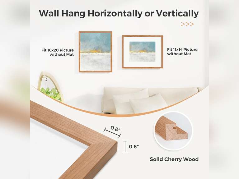 16x20 Picture Frame, Solid Wood Cherry Wood 16 x 20 Frame, 16'x20 Poster Frame - HD Tempered Glass, 16x20 Frame Matted to 11x14, 16 by 20 Wood Frame for Wall (Natural Cherry Color, 1 Pack) 32
