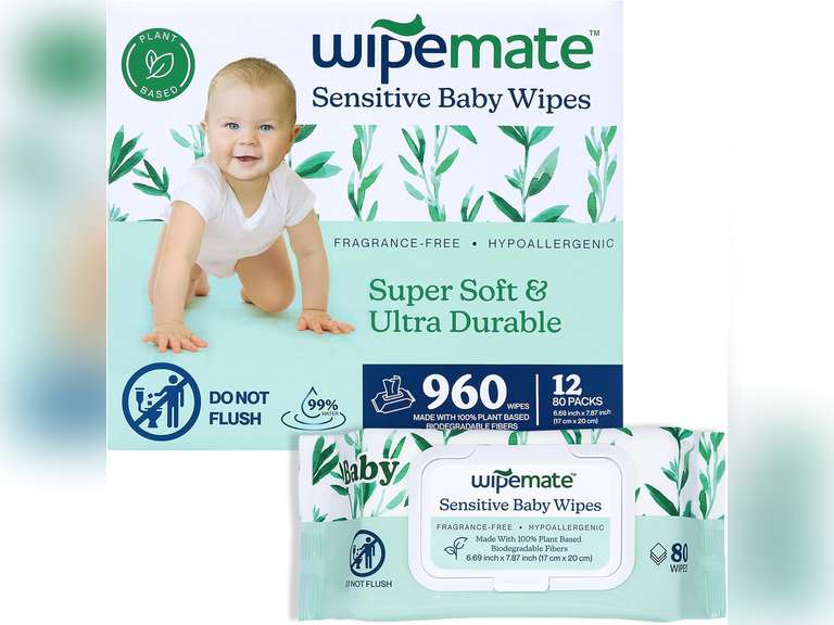 Wipemate EWG-Verified Premium Baby Wipes, 99% Water-Based, Plastic-Free, Ultra-Soft Plant-Based Wipe, Chlorine/Alcohol-Free, pH-Balanced, Hypoallergenic Cruelty-Free with Durable Flip-Top Lid 960-Ct 63