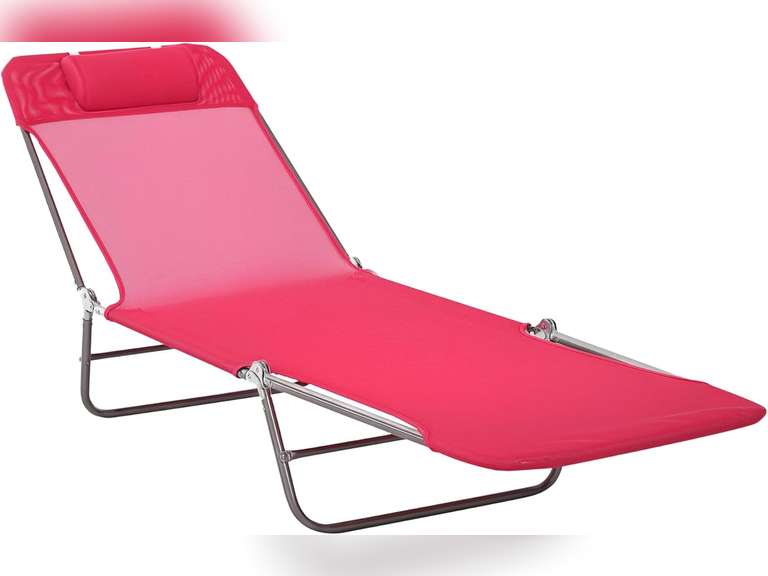 Outsunny Folding Chaise Lounge Chair, Pool Sun Tanning Chair, Outdoor Lounge Chair with Reclining Back, Breathable Mesh Seat, Headrest for Beach, Yard, Patio, Pink 58