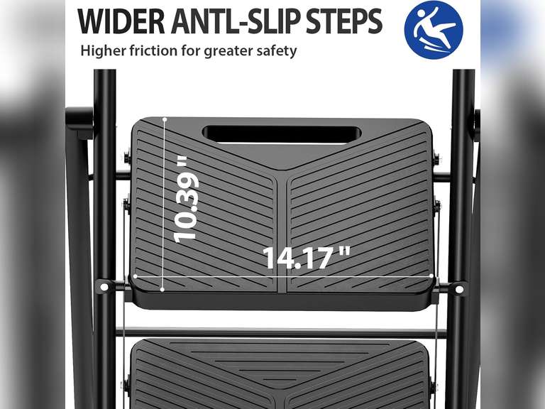 KINGRACK Folding 3 Step Ladder, Portable Ladder for Multi-Purpose, Home, Kitchen, Heavy Sturdy Steel Step Stool with Anti-Slip Wide Pedals, Handrail, Safe-Lock Design, Pass 800lbs Load Testing, Black 46