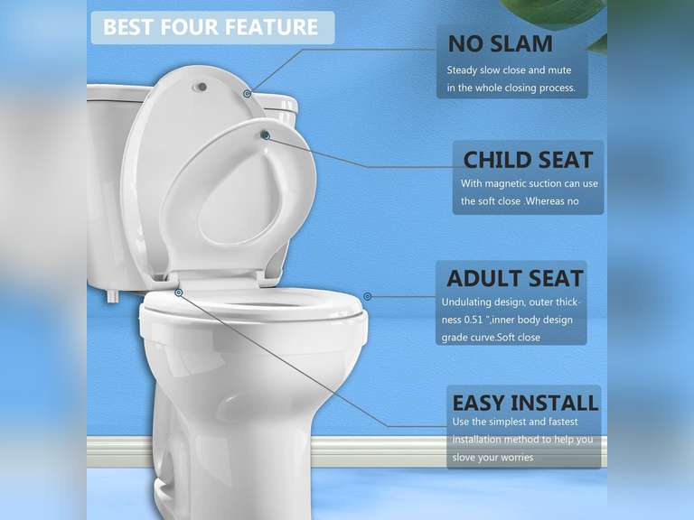 Elongated Toilet Seat Built-In Potty Training Seat, Soft Quiet Close Non-Slip Seat, Easy to Install & Clean,Magnetic Kids Seat and Cover for Elongated Oval Toilets,White 33