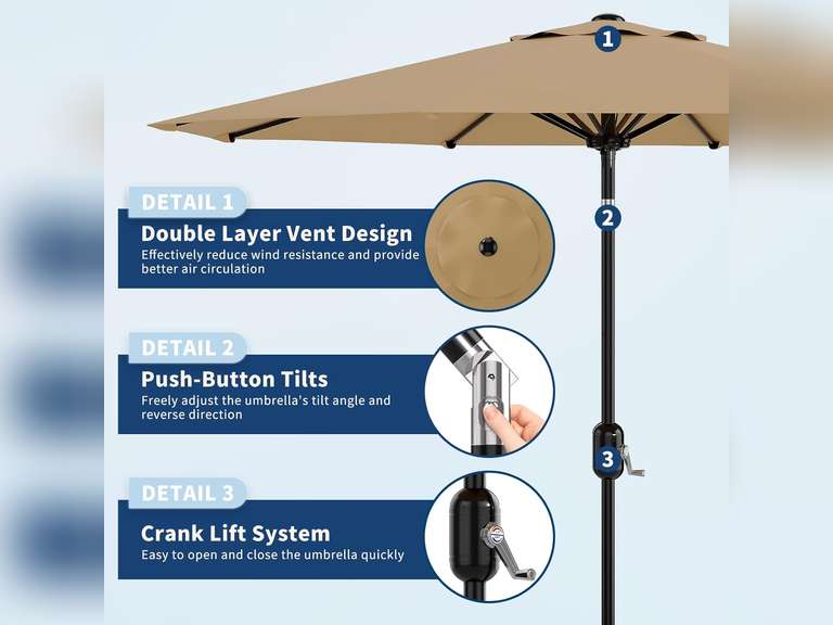 Garvee 10Ft Patio Umbrella - 8 Sturdy Ribs Outdoor Table Umbrella with Crank Lift & Push Button Tilt 73