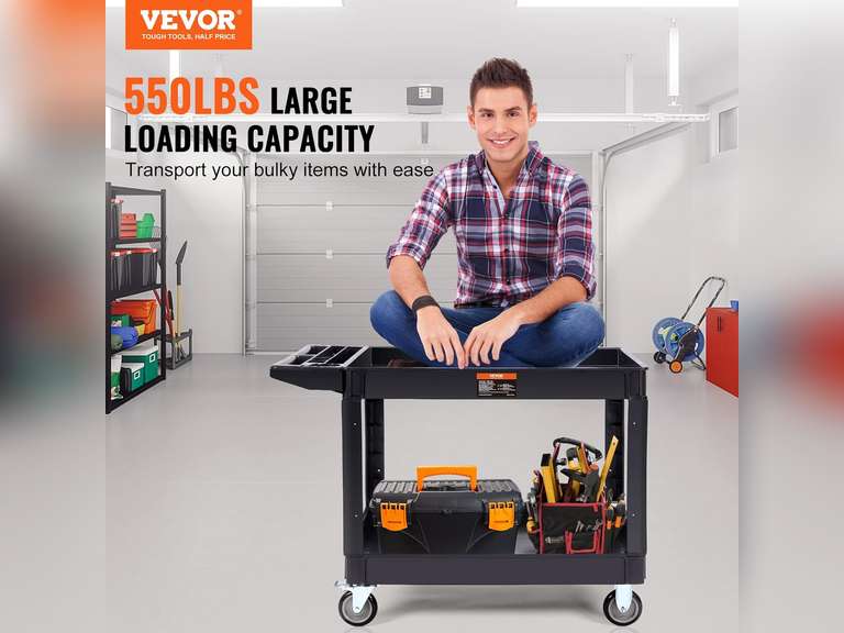 VEVOR Utility Service Cart, 2 Shelf 550LBS Heavy Duty Plastic Rolling Utility Cart with 360 Swivel Wheels (2 with Brakes), Large Lipped Shelf, Ergonomic Storage Handle for Warehouse/Garage/Cleaning 108