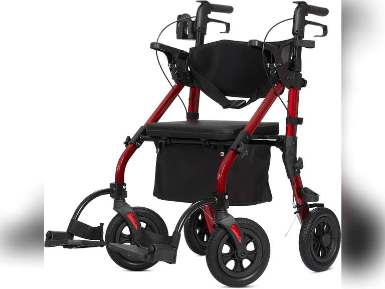 ELENKER All Terrain Rollator Walker Transport Wheelchair Combo, 2 in 1 Rolling Walker with Padded Seat and Wide Backrest, Red 671
