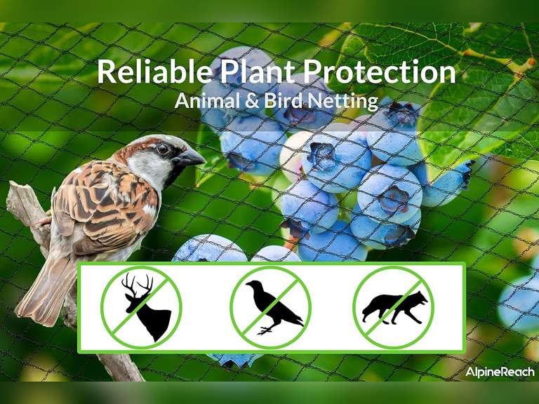 AlpineReach Garden Netting 7.5 x 65 ft Heavy Duty Bird Net, Deer, Plant Protection Extra Strong Woven Mesh, Reusable Kit with Zip Ties, Animal Fencing for Fruits Trees, Black 30