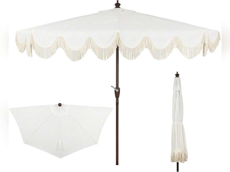 JONATHAN Y UMB1201D Beverly 9 ft. Designer Classic Scalloped Fringe Half Market Patio Umbrella with Crank, Push Button Tilt and UV Protection in Cream/White 144