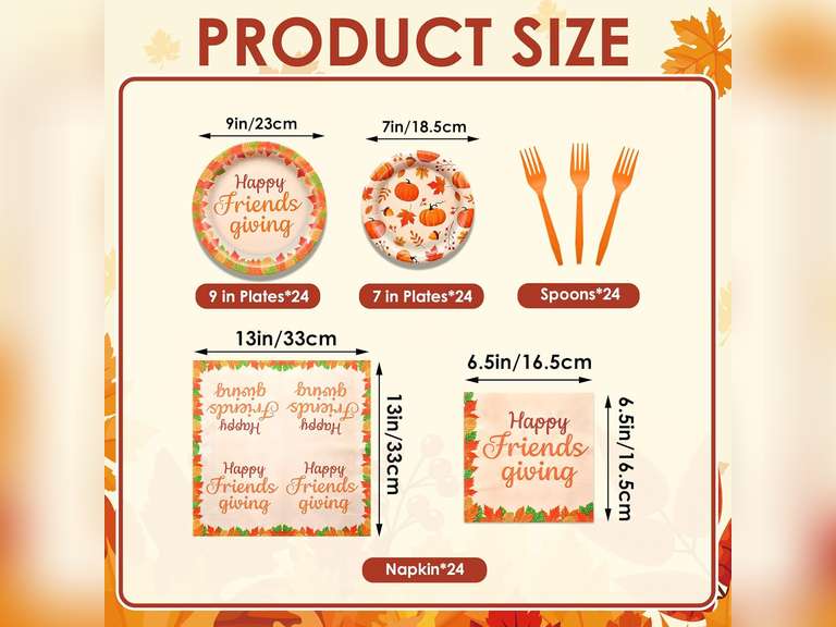 192 Pieces Happy Friendsgiving Tableware Set Party Supplies - Fall Thanksgiving Pattern Disposable Dinnerware with Paper Plates, Napkins, Forks for Autumn Harvest, Friendsgiving Dinner BBQ Picnic 17