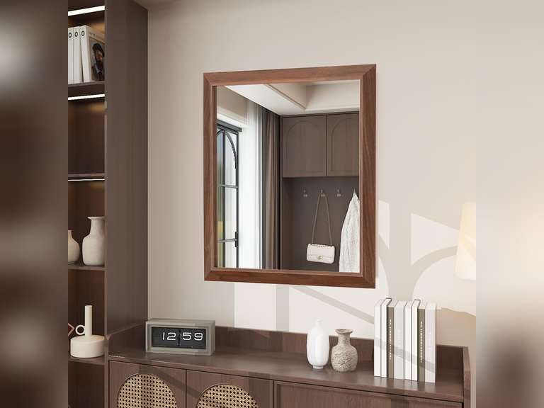 SMIROR 20 x 24 Inch Rustic Bathroom Mirror for Over Sink, Brown Walnut Metal Framed Farmhouse Rectangle Vanity Mirrors for Wall, Wooden Grain, Thick Frame, (Horizontally/Vertically) 60