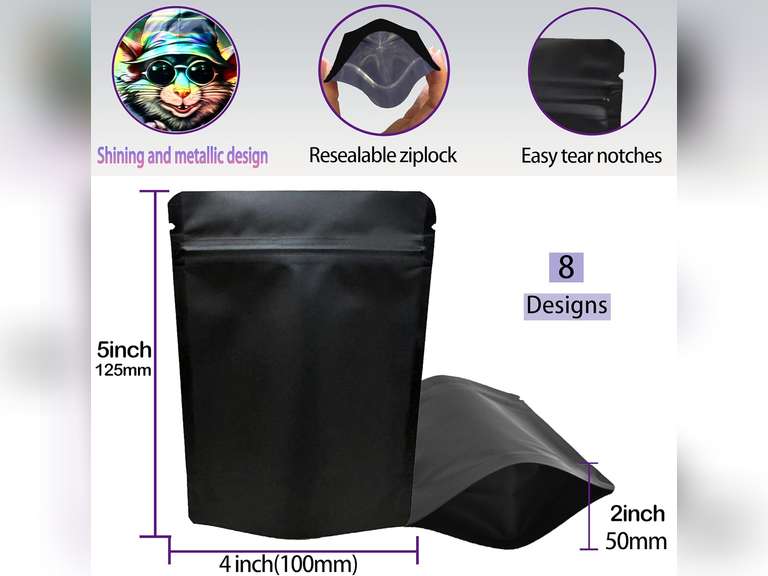 100 Pack Storage Bags, Resealable Candy Bags, Gift Baggies, Stand-up Packaging Pouch (GB) 25