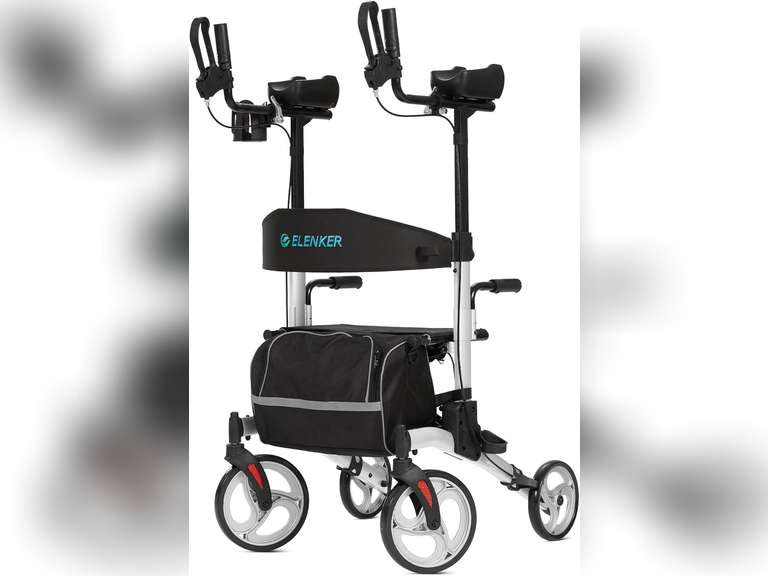 ELENKER Upright Walker, Stand Up Folding Rollator Walker with 10 Front Wheels Backrest Seat and Padded Armrests for Seniors and Adults, Silver 190