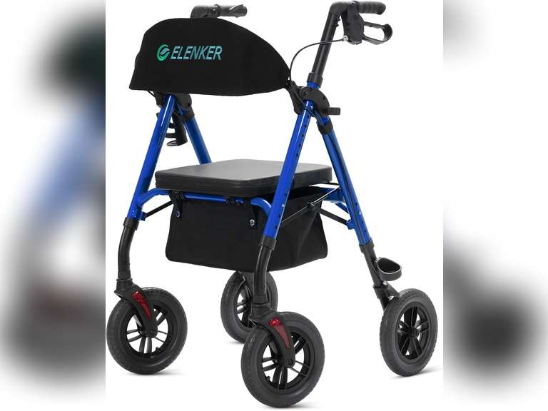 ELENKER All-Terrain Rollator Walker with 10 Non-Pneumatic Wheels, Sponge Padded Seat and Backrest, Fully Adjustment Frame for Seniors, Blue 307