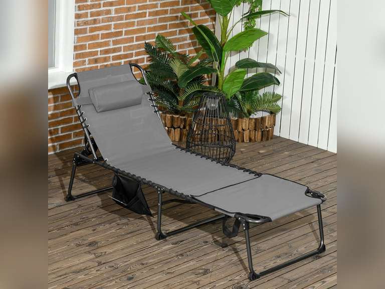 Outsunny Folding Chaise Lounge with 5-Level Reclining Back, Outdoor Tanning Chair with Reading Face Hole, Outdoor Lounge Chair with Side Pocket & Headrest for Beach, Yard, Patio, Gray 81