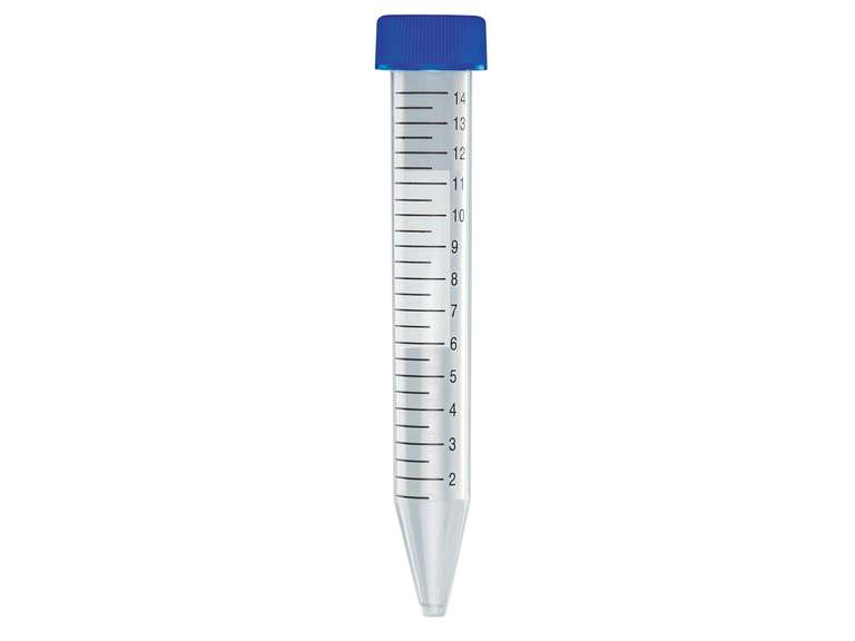 Globe Scientific 6285 Polypropylene Centrifuge Tube with Attached Blue Flat Top Screw Cap, Sterile, Printed Graduation, Bag Pack, 15mL Capacity (Case of 500) 134