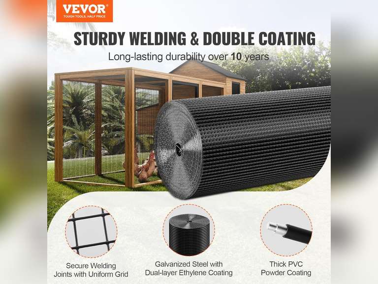VEVOR Hardware Cloth, 36' x 50' Galvanized Wire Mesh Roll, 19 Gauge Chicken Wire Fence Roll, Vinyl Coating Metal Wire Mesh for Chicken Coop Barrier, Rabbit Snake Fences, Poultry Enclosures 50
