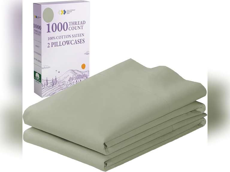 California Design Den Standard/Queen Size Pillow Cases Set of 2 - Luxury 1000 Thread Count Sateen, Soft & Thick 100% Cotton Pillow Cases Standard Size, Durable, Hotel Quality - Sage Green 30