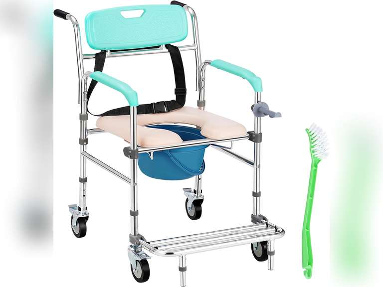 Decofy Shower Chair with Wheels, Commode Chair 3 in 1 Shower Wheelchair with Removable Bucket, Padded Seat, Toilet Brush, Waterproof Rolling Shower Chair for Elderly and Disabled Holds Up to 300 lbs 96