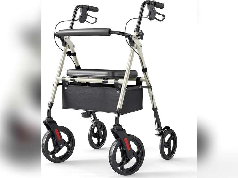 ELENKER Rollator Walker with 10 Wheels, Sponge Padded Seat and Backrest, Fully Adjustment Frame for Seniors, Champagne 81