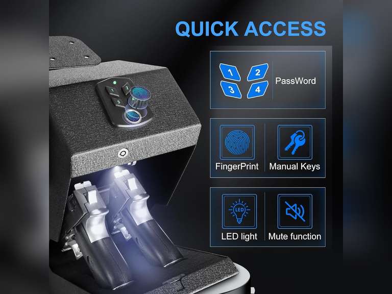 2 guns capacity GUN Safe Biometric Pistol Safe Drop Down Handgun Safe Wall Mounted Double Gun Safe for Handgun with Fingerprint Passcode Key 3 Ways Quick Access Car Gun Safe for Desk,Nightstand 113