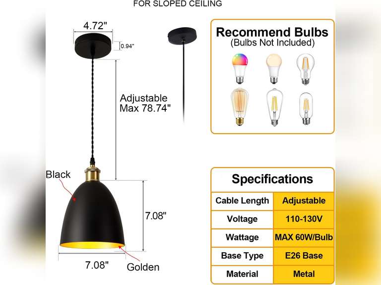 Modern Round Hanging Light Black and Gold Pendant Light, 7 inches in Diameter, Suitable for Kitchen Island, Kitchen Sink, Dining Room, Bedroom, Hallway 10