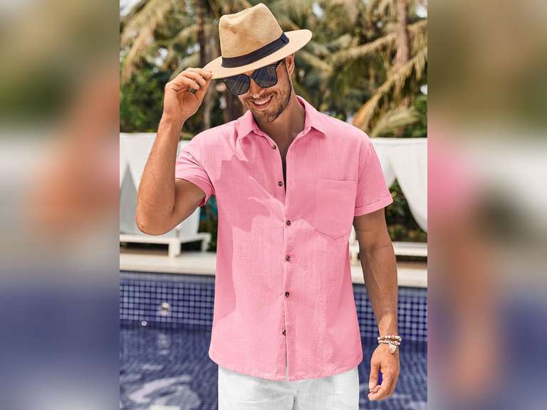 Bbalizko Mens Short Sleeve Button Up Shirts Linen Cotton Beach Tops Spread Collar Plain Summer T Shirt with Pocket 17